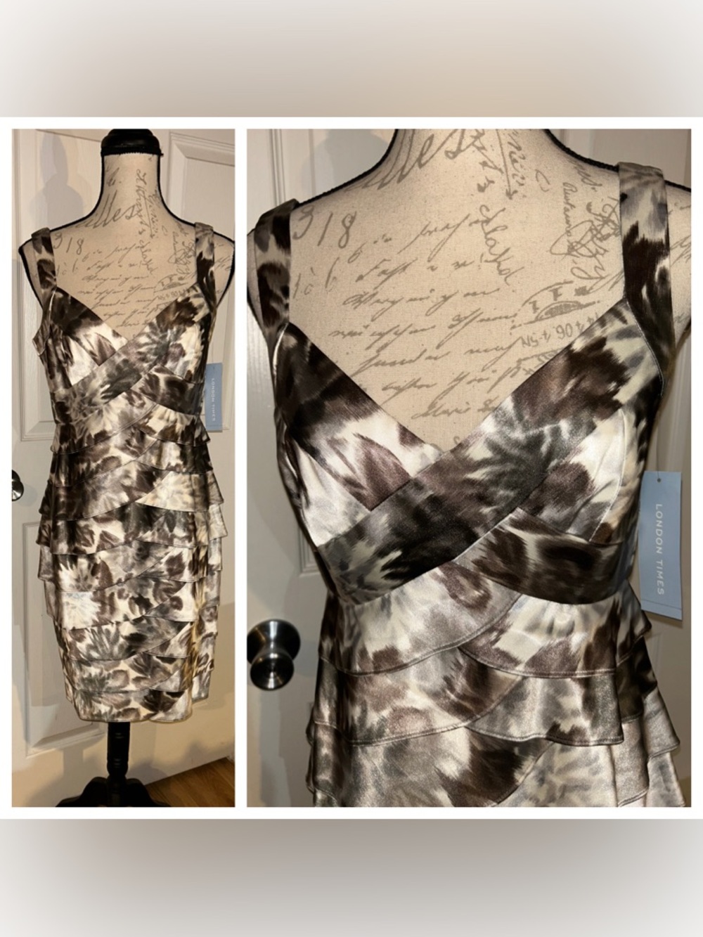 NWT London Times Scalloped Cocktail Dress Wedding Attire Ivory Grey sz 8